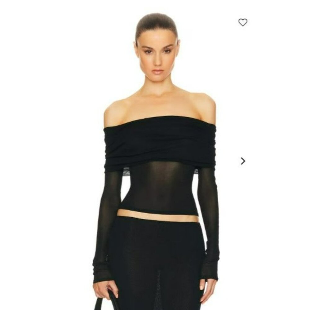 HELSA Revolve Black Sheer Knit Off The Shoulder Top Mesh Jersey Long Sleeve - Picture 12 of 15